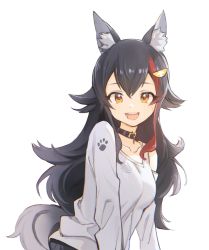 Rule 34 | 1girl, animal ear fluff, animal ears, asymmetrical clothes, asymmetrical shirt, black hair, blush, clothing cutout, collar, flipped hair, grey hair, hair between eyes, hair ornament, hairclip, highres, hololive, long hair, long sleeves, looking at viewer, low-tied long hair, multicolored hair, ookami mio, ookami mio (casual), open mouth, paw print, paw print pattern, red hair, shoulder cutout, sidelocks, simple background, solo, streaked hair, tugo, very long hair, virtual youtuber, white background, wolf ears, wolf girl, yellow eyes
