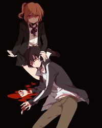 Rule 34 | 1boy, 1girl, alternate color, alternate costume, bags under eyes, black background, black footwear, black hair, blazer, blood, blood on clothes, blood on ground, blood stain, bloody knife, bookcage, boxcutter, brother and sister, brown pants, casual, collarbone, collared jacket, collared shirt, commentary, drawstring, expressionless, feet out of frame, grey jacket, grey skirt, hair between eyes, hair ornament, hair scrunchie, injury, jacket, kagerou project, kisaragi momo, kisaragi shintarou, knife, lapels, loafers, long bangs, long sleeves, looking at viewer, looking up, lying, mekakucity actors, midriff, navel, notched lapels, open clothes, open collar, open jacket, orange hair, pants, parted lips, pleated skirt, ponytail, purple ribbon, purple scrunchie, red eyes, ribbon, sanpaku, school uniform, scrunchie, self-harm, shaded face, shirt, shoes, short hair, siblings, simple background, sitting, skirt, socks, t-shirt, track jacket, white shirt, white socks