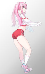 Rule 34 | 10s, 1girl, alternate costume, alternate hairstyle, aqua eyes, ass, bare legs, blunt bangs, breasts, closed mouth, darling in the franxx, from behind, gradient background, grey background, gym shorts, hairband, highres, hood, hooded track jacket, horns, jacket, kneehighs, kneepits, large breasts, leg up, long hair, long sleeves, looking at viewer, looking back, medium breasts, nakadai chiaki, open clothes, open jacket, pink footwear, red shorts, shoes, short shorts, shorts, sidelocks, smile, sneakers, socks, solo, standing, standing on one leg, thighs, track jacket, twintails, white hairband, white jacket, white socks, zero two (darling in the franxx)