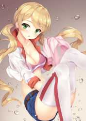 Rule 34 | 1girl, blonde hair, breasts, cleavage, earrings, green eyes, gundam, gundam tekketsu no orphans, heart, heart earrings, highres, jewelry, lafter frankland, long hair, looking at viewer, parted lips, shorts, solo, thighhighs, tomifumi, twintails, water, white thighhighs