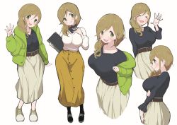 Rule 34 | arm under breasts, belt, black shirt, blush, breast hold, breasts, brown hair, closed eyes, coat, collarbone, contrapposto, curvy, fang, green coat, green eyes, hair over shoulder, hand on own chest, head tilt, highres, inuyama aoi, large breasts, long hair, long skirt, long sleeves, looking at viewer, multiple views, profile, shirt, shirt tucked in, shoes, sidelocks, skin fang, skirt, smile, sneakers, sweater, swept bangs, tareme, taut clothes, taut shirt, thick eyebrows, v-neck, waving, wide hips, yabai gorilla, yurucamp, yurucamp movie