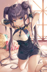 Rule 34 | 1girl, armpits, arms behind head, arms up, backlighting, bare shoulders, barefoot, bed sheet, black dress, blue eyes, blunt bangs, blush, breasts, chinese clothes, double bun, dress, fate/grand order, fate (series), hair bun, highres, kneeling, long hair, looking at viewer, on bed, parted lips, pillow, purple hair, r o ha, short dress, sidelocks, sleeveless, sleeveless dress, small breasts, solo, thighs, twintails, very long hair, window, yang guifei (fate), yang guifei (first ascension) (fate)