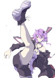 Rule 34 | 1girl, animal ears, bare shoulders, black jacket, boots, rabbit ears, cel shading, collarbone, commentary, cowboy shot, criss-cross halter, dress, frilled dress, frills, hair ornament, hair tubes, halterneck, high kick, highres, hood, hooded jacket, jacket, kicking, leg up, making-of available, parted lips, purple dress, purple eyes, purple hair, shigure1213, short hair with long locks, shorts, sidelocks, solo, voiceroid, white background, yuzuki yukari