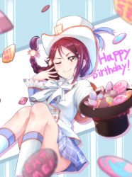 Rule 34 | &gt;;), 1girl, blurry, blush, bow, bowtie, braid, cookie, depth of field, food, food writing, frilled sleeves, frills, hair ornament, hairclip, hand on own face, happy birthday, hat, hat ribbon, highres, holding, holding hat, kanabun, love live!, love live! school idol festival, love live! sunshine!!, plaid, plaid skirt, pleated skirt, red hair, ribbon, sakurauchi riko, single braid, sitting, skirt, solo, sparkle, striped, striped background, top hat, v-shaped eyebrows, vertical stripes, yellow eyes