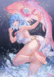Rule 34 | 1girl, :o, aerial fireworks, animal, anklet, arm up, armpits, ass, atdan, backless dress, backless outfit, bangle, bare arms, bare shoulders, barefoot, bent over, blue eyes, blue hair, bracelet, breasts, clothing cutout, dress, feet, fireworks, fish, from behind, gold trim, haiyi, hand up, hat, highres, jellyfish, jewelry, leaning forward, leg up, legs, looking at viewer, looking back, medium breasts, medium hair, open mouth, outstretched arm, side cutout, side slit, sideboob, sleeveless, sleeveless dress, soles, solo, standing, standing on one leg, synthesizer v, toes, wading, water, wet, white dress