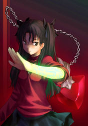 Rule 34 | 00s, 1girl, black background, brown eyes, brown hair, chain, fate/stay night, fate (series), glowing, long hair, red background, simple background, solo, tohsaka rin, turtleneck, twintails, zono (rinkara-sou)