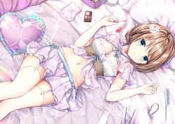 Rule 34 | 1girl, blanket, blue eyes, breasts, brown hair, cleavage, comb, commentary request, crop top, elbow gloves, floral print, flower, frills, garter belt, garter straps, gloves, hair flower, hair ornament, hands up, heart, heart-shaped pillow, highres, looking at viewer, lying, medium breasts, midriff, miniskirt, navel, omoomomo, on back, original, parted lips, pillow, purple skirt, short hair, skirt, solo, stomach, thighhighs, white gloves, white thighhighs, zettai ryouiki