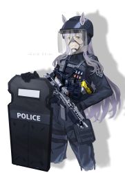 Rule 34 | 1girl, absurdres, animal ears, assault rifle, black gloves, black headwear, black pants, black shirt, character name, commentary, gloves, gold ship (umamusume), grin, gun, helmet, highres, holding, holding gun, holding shield, holding weapon, horse ears, horse girl, i n a e n, long hair, long sleeves, looking at viewer, open mouth, pants, police, police uniform, policewoman, purple eyes, purple hair, rifle, shadow, shield, shirt, sig mcx, simple background, smile, solo, taser, teeth, umamusume, uniform, weapon, white background