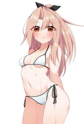 Rule 34 | 1girl, arms behind back, artist request, bikini, breasts, brown eyes, cowboy shot, high ponytail, highres, kantai collection, light brown hair, long hair, side-tie bikini bottom, simple background, small breasts, solo, swimsuit, white background, white bikini, zuihou (kancolle)