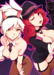 Rule 34 | 2girls, animal ears, bare arms, battle bunny riven, between breasts, blazer, bra, breasts, choker, cleavage, collarbone, crime city miss fortune, detached collar, fake animal ears, garter straps, gloves, groin, gun, hairband, half-closed eyes, hat, heart, heart necklace, jacket, large breasts, league of legends, leotard, looking at viewer, machine gun, miss fortune (league of legends), mole, mole under eye, multiple girls, necklace, necktie, necktie between breasts, one eye closed, open clothes, open mouth, pantyhose, playboy bunny, rabbit ears, red eyes, red hair, riven (league of legends), sieyarelow, single glove, strapless, strapless leotard, thighhighs, underwear, weapon, white hair, wrist cuffs, yellow eyes