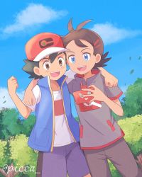 Rule 34 | 2boys, arm around shoulder, artist name, ash ketchum, baseball cap, black hair, blue eyes, brown eyes, brown hair, clenched hands, cloud, commentary request, creatures (company), day, game freak, gen 4 pokemon, goh (pokemon), hair ornament, hat, highres, holding, jacket, falling leaves, male focus, mei (maysroom), multiple boys, nintendo, open mouth, outdoors, pants, pokemon, pokemon (anime), pokemon (creature), pokemon journeys, rotom, rotom phone, shirt, short sleeves, sky, smile, teeth, tongue, tree, watermark, white shirt