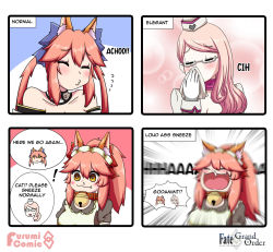 Rule 34 | 3girls, 4koma, alternate costume, animal ear fluff, animal ears, apron, bare shoulders, bell, blue ribbon, breasts, cleavage, closed eyes, collar, comic, commentary, commentary request, detached sleeves, english text, enmaided, fate/grand order, fate (series), fox ears, fox girl, glasses, hair ribbon, highres, japanese clothes, jingle bell, keita naruzawa, koyanskaya (fate), koyanskaya (foreigner) (first ascension) (fate), large breasts, long hair, maid, maid apron, maid headdress, multiple girls, multiple persona, neck bell, pink hair, ponytail, red ribbon, ribbon, sneezing, speech bubble, tamamo (fate), tamamo cat (fate), tamamo cat (second ascension) (fate), tamamo no mae (fate/extra), very long hair, white-framed eyewear, yellow eyes