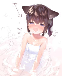 Rule 34 | 1girl, animal ears, bare shoulders, bathing, black hair, blush, commentary request, heart, highres, medium hair, mutou mato, naked towel, nose blush, open mouth, original, partially submerged, purple eyes, sidelocks, sitting, sketch, smile, solo, sweat, towel, wet
