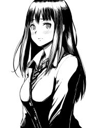 Rule 34 | 1girl, blush, closed mouth, collared shirt, commentary request, greyscale, idolmaster, idolmaster cinderella girls, jacket, long hair, long sleeves, looking at viewer, monochrome, nanahime, necktie, shibuya rin, shirt, simple background, solo, upper body, white background, wing collar