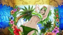 Rule 34 | 1girl, beach, bikini, breasts, cloud, curvy, female focus, flower, green hair, holding, holding hair, large breasts, long hair, looking at viewer, monet (one piece), navel, official art, one piece, shiny skin, sky, smile, solo, stomach, swimsuit, tree, wings, yellow eyes