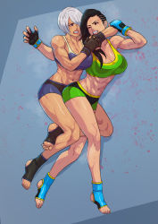 Rule 34 | 2girls, abs, angel (kof), angry, bare shoulders, black hair, blood, blue eyes, brazil, breasts, brown eyes, capcom, cirenk, cleavage, dark-skinned female, dark skin, eye contact, fighting, fingerless gloves, full body, gloves, grin, highres, large breasts, laura matsuda, long hair, looking at another, multiple girls, muscular, muscular female, navel, shiny clothes, shiny skin, short hair, silver hair, smile, snk, street fighter, teeth, the king of fighters, thick thighs, thighs