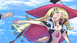 Rule 34 | 1boy, 1girl, absurdres, blonde hair, blue sky, blush, breasts, cloud, commentary, cowboy shot, day, dress, english commentary, eyepatch, green eyes, hat, highres, kamijou touma, long hair, navel, open mouth, othinus, outdoors, outstretched arm, sky, small breasts, smile, teeth, toaru majutsu no index, toaru majutsu no index: new testament, trebas, very long hair, witch hat