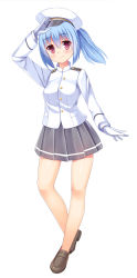 Rule 34 | 1girl, arm up, blue hair, blush, brown footwear, closed mouth, commentary request, full body, gloves, grey skirt, hair between eyes, hat, head tilt, highres, jacket, loafers, long sleeves, looking at viewer, military hat, military jacket, original, peaked cap, pleated skirt, red eyes, salute, shoes, side ponytail, simple background, skirt, smile, solo, standing, umitonakai, white background, white gloves, white hat, white jacket