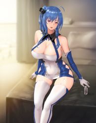 Rule 34 | 1girl, ahoge, argyle, argyle clothes, argyle cutout, arms at sides, azur lane, bare shoulders, blue hair, blue ribbon, blurry, blurry background, breasts, butt lube, buttons, cleavage, clothing cutout, commentary request, elbow gloves, garter straps, gloves, hair tie, halterneck, hayabusa, heart, heart-shaped pupils, highres, indoors, large breasts, looking at viewer, lube, on bed, open mouth, personal lubricant, pillow, purple eyes, ribbon, side cutout, side ponytail, sideboob, sidelocks, sitting, skin tight, solo, st. louis (azur lane), symbol-shaped pupils, thighhighs, turret, white thighhighs