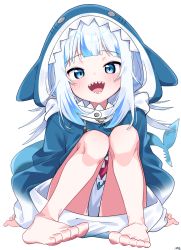 Rule 34 | 1girl, absurdres, animal costume, animal hood, animal hoodie, barefoot, blue eyes, blue hair, blue hoodie, blunt bangs, blush, drawstring, fins, fish tail, gawr gura, gradient clothes, hair ornament, highres, hololive, hololive english, holomyth, hood, hood up, hoodie, long sleeves, looking at viewer, lower teeth only, medium hair, multicolored clothes, multicolored hair, multicolored hoodie, no pants, open mouth, shark costume, shark girl, shark hair ornament, shark hood, shark hoodie, shark tail, sharp teeth, signature, simple background, sitting, solo, streaked hair, tail, teeth, toes, tosyeo, two side up, upper teeth only, virtual youtuber, white background, white hair, wide sleeves