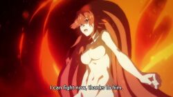 Rule 34 | 1girl, animated, anime screenshot, arm up, breasts, collarbone, completely nude, earnest flaming, eiyuu kyoushitsu, fire, groin, hair between eyes, highres, large breasts, long hair, navel, no nipples, no pussy, nude, red eyes, red hair, screencap, smile, sound, stomach, subtitled, tagme, thighs, toned, toned female, toned stomach, video