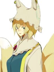 Rule 34 | 1girl, animal ears, animal hat, blonde hair, blue eyes, blush, brooch, fakepucco, female focus, fox, fox ears, fox tail, frills, gem, hair between eyes, hat, jewelry, looking at viewer, mob cap, multiple tails, short hair, simple background, smile, solo, tabard, tail, touhou, upper body, white background, yakumo ran