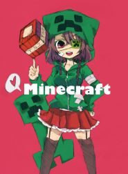 Rule 34 | 1girl, braid, brown hair, creeparka, creeper, explosive, eyepatch, heart, highres, hood, hoodie, kadokawa (kdkwww), long hair, minecraft, open mouth, pantyhose, personification, red background, red eyes, skirt, solo, thighhighs, tnt, tnt block (minecraft)