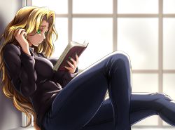 Rule 34 | 1girl, black sweater, blonde hair, blue pants, book, breasts, chin piercing, commission, cosplay, denim, fate/grand order, fate (series), green eyes, green nails, highres, jeans, large breasts, long hair, long sleeves, medusa (fate), medusa (rider) (fate), medusa (rider) (fate) (cosplay), nail polish, pants, quetzalcoatl (fate), solo, sweater, zantyarz