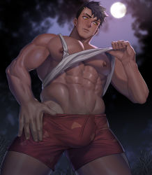 Rule 34 | 1boy, abs, absurdres, arkapami, bara, black hair, bulge, clothes lift, damao (all saints street), fang, fang out, full moon, highres, large pectorals, lifting own clothes, looking to the side, male focus, moon, muscular, muscular male, navel, night, night sky, nipples, orange eyes, outdoors, pectorals, red shorts, short hair, shorts, sky, solo, tank top, wansheng jie, white tank top