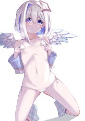 Rule 34 | 1girl, amane kanata, angel wings, bare shoulders, bikini, blue hair, blush, breath, collarbone, colored inner hair, demimushi, feathered wings, flat chest, grey hair, hair between eyes, highres, hololive, looking at viewer, micro bikini, multicolored hair, navel, purple eyes, short hair, simple background, socks, solo, squatting, stomach, swimsuit, virtual youtuber, white background, wings
