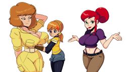 Rule 34 | 3girls, absurdres, aged down, aged up, anger vein, april o&#039;neil, arm behind head, blue eyes, bow, breast envy, breasts, brown hair, cleavage, curvy, green eyes, hair bow, hair bun, highres, iggybomb, jealous, jumpsuit, large breasts, legs, looking at viewer, low ponytail, medium breasts, midriff, multiple girls, multiple persona, navel, pants, pantyhose, red hair, red lips, shirt, short hair, shorts, smile, smug, sweatdrop, teenage mutant ninja turtles, thick thighs, thighs, thong
