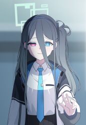 Rule 34 | &lt;key&gt; (blue archive), 1girl, absurdres, aris (blue archive), bigmt kid, black hair, blue archive, blue eyes, blue necktie, collared shirt, commentary, crying, crying with eyes open, dual persona, hair between eyes, hairband, halo, hand up, heterochromia, highres, jacket, long hair, looking at viewer, necktie, open clothes, open jacket, pink eyes, shirt, side ponytail, solo, tears, very long hair, wavy mouth, white shirt