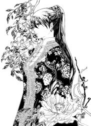 Rule 34 | 1girl, bad id, bad pixiv id, balsa, camellia, character request, earrings, expressionless, floral background, floral print, flower, from side, greyscale, hair ornament, japanese clothes, jewelry, katsura (+araka), lips, long hair, looking away, monochrome, ponytail, profile, seirei no moribito