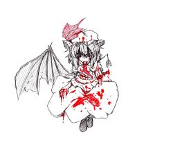 Rule 34 | 1girl, amputee, arrow (projectile), ascot, bat wings, bleeding, blood, boots, dress, full body, hat, injury, missing limb, monochrome, oni tengu, puffy short sleeves, puffy sleeves, remilia scarlet, short hair, short sleeves, simple background, touhou, traditional media, white background, wings