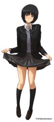 Rule 34 | 1girl, amagami, black hair, black jacket, black sailor collar, blush, bob cut, breasts, closed mouth, clothes lift, commentary request, full body, highres, jacket, kibito high school uniform, loafers, long sleeves, looking at viewer, medium breasts, mitojyaneeeeyo, nanasaki ai, open clothes, open jacket, pleated skirt, sailor collar, school uniform, shoes, short hair, simple background, skirt, skirt lift, smile, solo, standing, twitter username