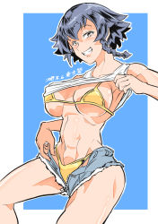 Rule 34 | 1girl, abs, adjusting clothes, adjusting shorts, armpits, artist name, bikini, black hair, blue background, braid, breasts, brown eyes, clothes lift, commentary, cowboy shot, cutoffs, girls und panzer, grey shorts, grin, hair tie, half-closed eyes, head tilt, highres, large breasts, leg up, legs, lifting own clothes, looking at viewer, micro shorts, muscular, muscular female, navel, open fly, outline, outside border, pepperoni (girls und panzer), shinkuukan (tetsuo3), shirt, shirt lift, short hair, shorts, side braid, signature, skindentation, smile, solo, standing, string bikini, swimsuit, tank top, unzipped, white outline, white shirt, yellow bikini