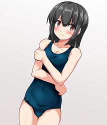 Rule 34 | 1boy, black hair, blue one-piece swimsuit, blush, brown eyes, castration, covering privates, covering breasts, cowboy shot, guro, hair between eyes, highres, nude, old school swimsuit, one-piece swimsuit, original, pxkanif, school swimsuit, swimsuit