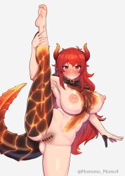 Rule 34 | 1girl, ass, bad id, bad pixiv id, barefoot, blush, breasts, censored, closed eyes, dola (nijisanji), dragon horns, dragon tail, highres, horns, long hair, looking at viewer, nijisanji, nipples, nude, pubic stubble, pussy, red eyes, red hair, solo, split, standing, standing on one leg, standing split, tail, virtual youtuber, yoshiwa tomo