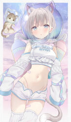 Rule 34 | 1girl, absurdres, akino ell, animal, animal ears, bandaid, bare shoulders, belt, blue eyes, breasts, cat, cat ears, cat girl, cat tail, cowboy shot, crop top, detached sleeves, frilled shirt, frills, grey hair, helmet, highleg, highres, long sleeves, looking at viewer, medium breasts, medium hair, midriff, navel, open fly, original, oxygen tank, panty straps, parted lips, revealing clothes, ribbed thighhighs, see-through, shirt, short shorts, shorts, sleeveless, sleeveless shirt, sleeves past fingers, sleeves past wrists, solo, space helmet, stomach, tail, thighhighs, thighs, white shirt, white shorts, white thighhighs