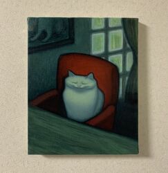 Rule 34 | animal, animal focus, cat, closed eyes, closed mouth, highres, indoors, karin hosono, no humans, on chair, original, painting (medium), painting (object), photo (medium), realistic, sitting, solo, table, traditional media, white cat, window