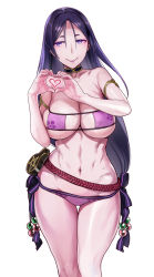 Rule 34 | 1girl, armlet, bare shoulders, belt, bikini, black choker, breasts, choker, cleavage, closed mouth, collarbone, cowboy shot, eyepatch bikini, eyeshadow, fate/grand order, fate (series), hands up, heart, heart hands, highres, large breasts, long hair, looking at viewer, makeup, minamoto no raikou (fate), navel, nekomata naomi, own hands together, parted bangs, pentagram, purple bikini, purple lips, simple background, skindentation, smile, solo, standing, stomach, straight hair, strapless, strapless bikini, swimsuit, thigh gap, thighs, toned, very long hair, white background