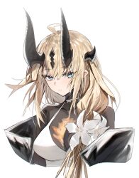 Rule 34 | 1girl, absurdres, ahoge, arknights, blonde hair, blue eyes, bodystocking, breasts, commentary, cropped torso, dragon girl, dragon horns, dress, flower, highres, horn/wood, horns, long hair, looking at viewer, medium breasts, reed (arknights), reed the flame shadow (arknights), simple background, solo, upper body, white background, white dress