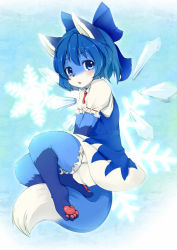 Rule 34 | 1girl, animal ears, animal hands, barefoot, blue eyes, blue hair, blush, bow, cirno, feet, fox, fox ears, fox tail, furrification, furry, furry female, hair bow, hair ornament, ice, ice wings, jpeg artifacts, kagerofu, large bow, looking at viewer, matching hair/eyes, navel, nude, open mouth, pawpads, ribbon, short hair, snowflakes, soles, solo, tail, toes, touhou, wings