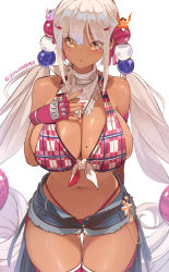 Rule 34 | 1girl, bare arms, bare shoulders, bikini, blue shorts, breasts, brown eyes, cleavage, cowboy shot, cutoffs, dark-skinned female, dark skin, denim, denim shorts, dishwasher1910, fingerless gloves, front-tie bikini top, front-tie top, gloves, hair ornament, halterneck, hand on own chest, hand up, highleg, highres, hololive, hololive english, huge breasts, long hair, looking at viewer, low twintails, micro shorts, mole, mole on breast, navel, neckerchief, open fly, pink bikini, pink gloves, pink thighhighs, plaid, plaid bikini, planet hair ornament, short shorts, shorts, simple background, solo, stomach, string bikini, swimsuit, thigh gap, thighhighs, thighs, tsukumo sana, twintails, very long hair, virtual youtuber, white background, white hair