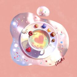 Rule 34 | candy, cherry, chocolate, cup, drink, food, food focus, fruit, heart, issiki toaki, no humans, original, saucer, sugar cube, tea, teacup, tray