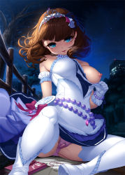 Rule 34 | 10s, 1boy, 1girl, armlet, bare shoulders, beads, bench, black skirt, blue eyes, blunt bangs, blush, boots, bracelet, brown hair, building, buttons, clock, collar, collarbone, covered erect nipples, earrings, fangs, fence, frills, gem, gloves, heart, heart earrings, idolmaster, idolmaster cinderella girls, idolmaster cinderella girls starlight stage, jewelry, kirin kakeru, looking at viewer, night, night sky, nipples, on person, one breast out, outdoors, panties, pantyshot, park, park bench, parted lips, pearl bracelet, pink panties, plant, pleated skirt, pocket watch, pov, public indecency, public vibrator, pussy juice, sakuma mayu, sex toy, shirt, short hair, sitting, sitting on person, skirt, sky, sleeveless, smile, solo, star (sky), starry sky, thighhighs, tiara, tree, underwear, vibrator, vibrator under clothes, vibrator under panties, watch, white footwear, white gloves, white shirt, white thighhighs