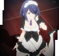 Rule 34 | 1girl, blue hair, breasts, cleavage, detached collar, female focus, from above, garter straps, hair over one eye, hand on own face, highres, maid, mary janes, medium breasts, murata izumi, necktie, purple eyes, screencap, shoes, short hair, sitting, solo, stitched, thighhighs, third-party edit, twocar, wariza, white thighhighs
