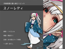 Rule 34 | 1girl, aqua eyes, blue eyes, character name, character profile, earrings, full body, grey background, grin, hair ornament, hairclip, heart, heart earrings, japanese clothes, jewelry, kimono, long hair, looking at viewer, muk (monsieur), multiple views, original, sandals, simple background, smile, snowflake print, socks, solo focus, tabi, translated, twintails, white hair, wide sleeves, yuki onna