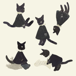 Rule 34 | animal, animal focus, black cat, black shirt, cat, clothed animal, collar, collared shirt, closed eyes, frilled collar, frills, no humans, original, paper, quill, shirt, simple background, sitting, slit pupils, standing, tail, tono (rt0no), upside-down, writing