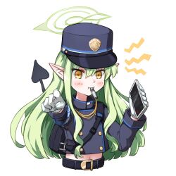 Rule 34 | 1girl, absurdres, armband, bag, belt, blowing whistle, blue archive, blue armband, blue jacket, blush, buttons, cellphone, collared jacket, commentary request, cropped torso, demon tail, double-breasted, gloves, green hair, green halo, halo, hat, highres, hikari (blue archive), holding, holding phone, jacket, looking at viewer, navel, peaked cap, phone, pointing, pointing at viewer, pointy ears, shoulder bag, shout lines, simple background, smartphone, solo, tail, tigerbudcat, whistle, white background, white gloves